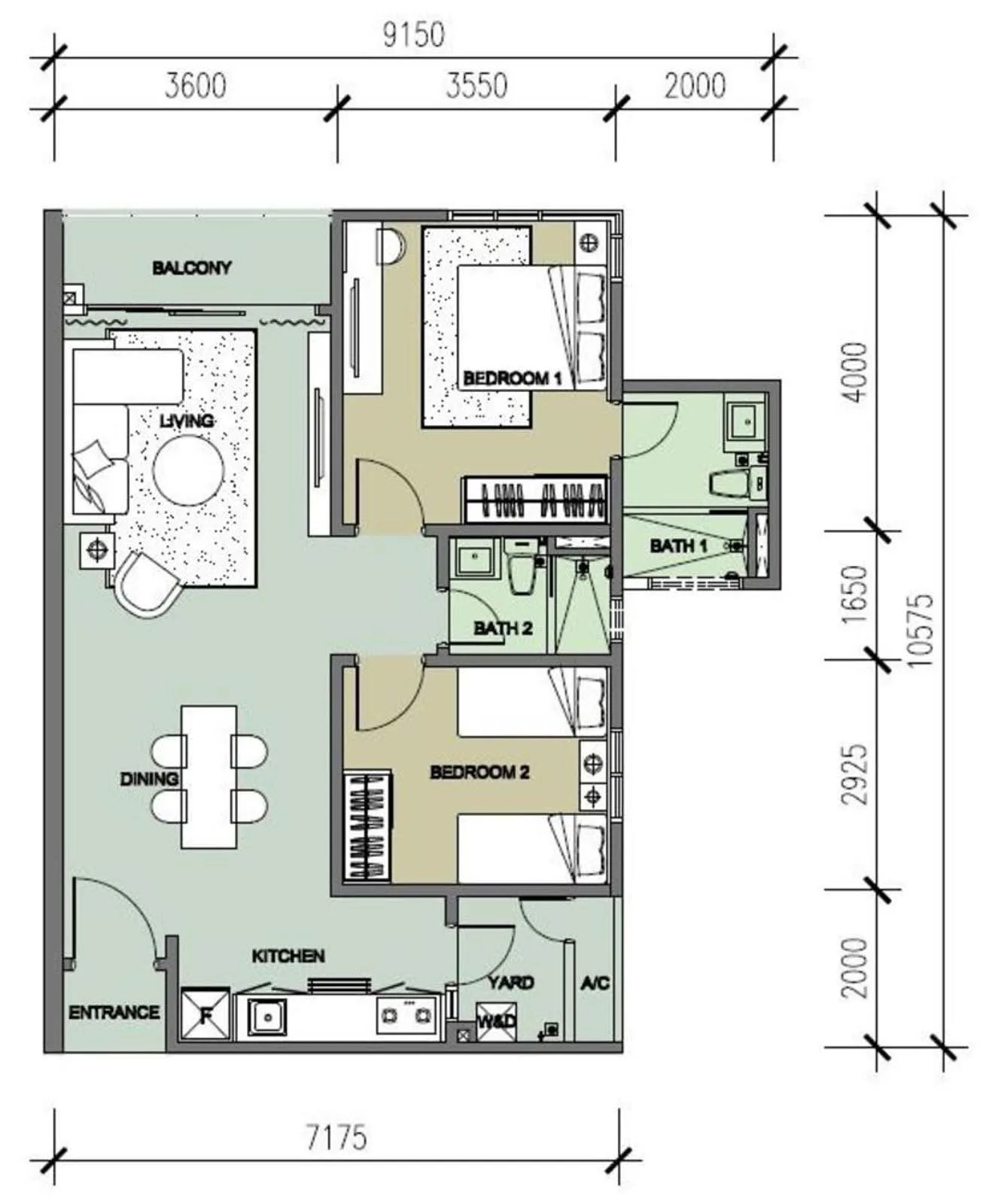 The Raffles Suites official floor plan, layout 2 — 2 bed 2 bath · 9,150 × 10,575 mm