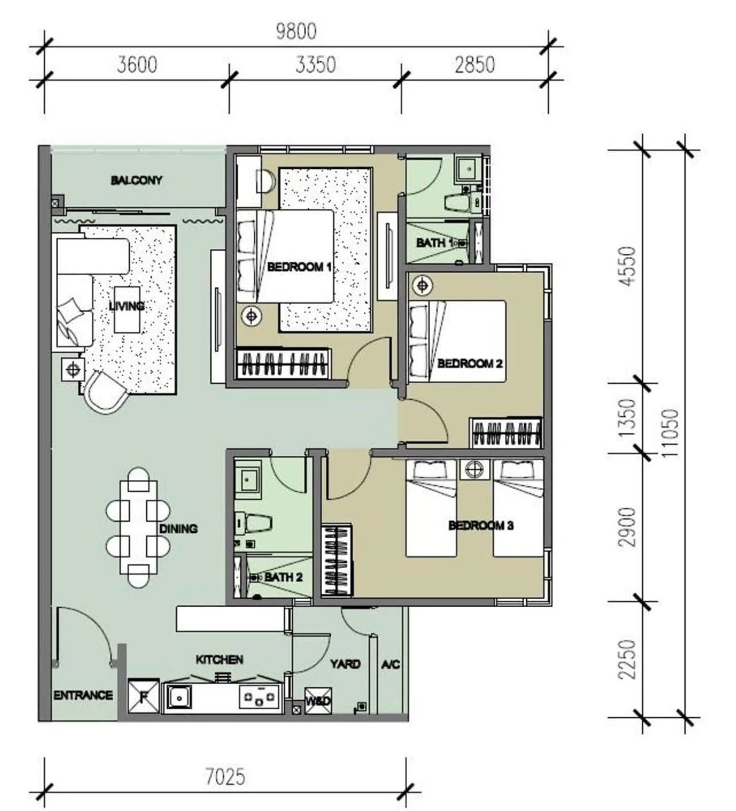The Raffles Suites official floor plan, layout 3 — 3 bed 2 bath · 9,800 × 11,050 mm