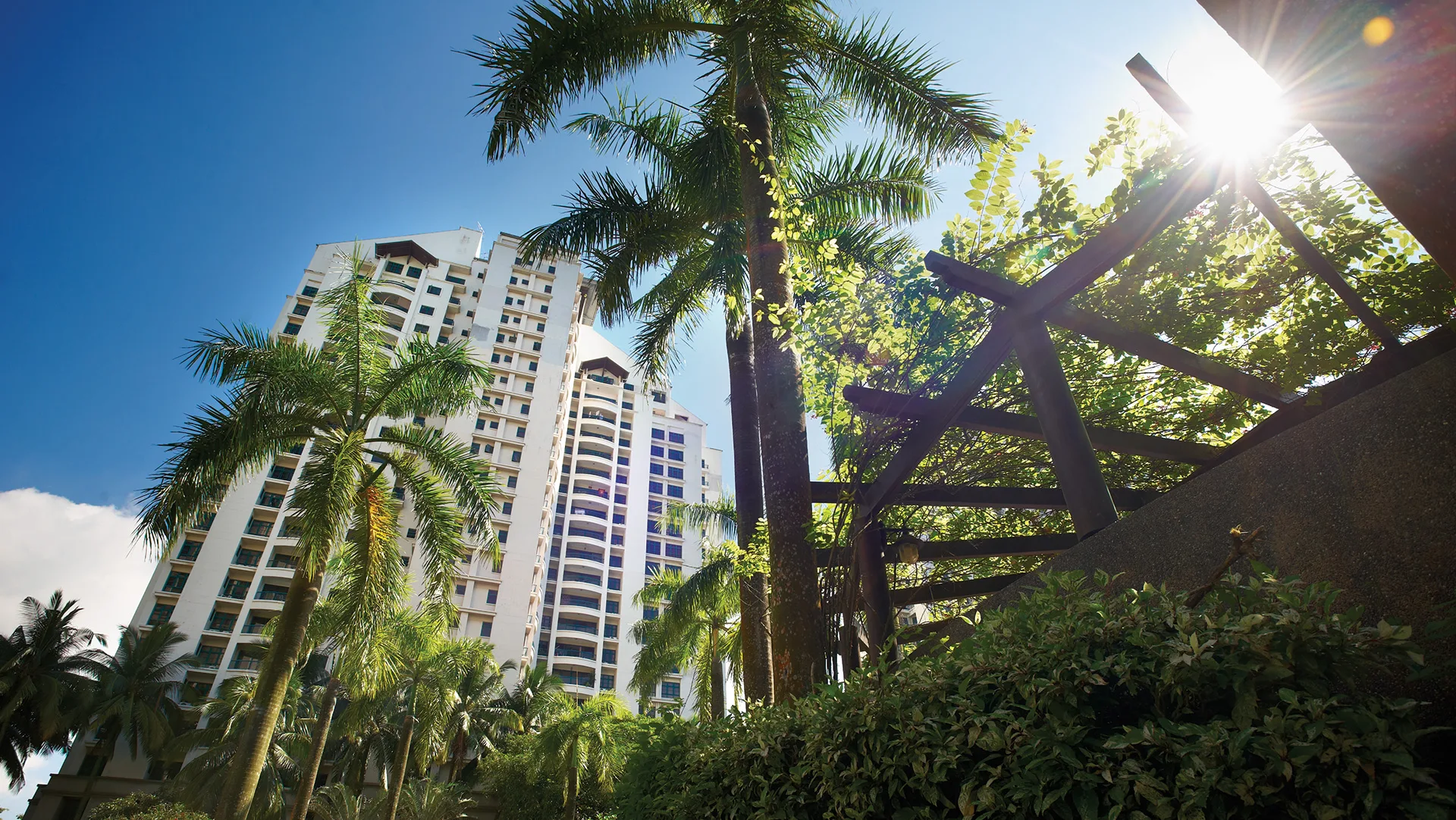 The Straits View Condominium Tower and mature landscaping