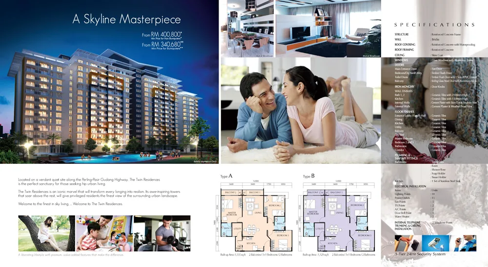 The Twin Residences @ Tampoi Type A / Type B official floor plan — Johor Land Berhad's official brochure spread — Type A and Type B plans with the specifications panel