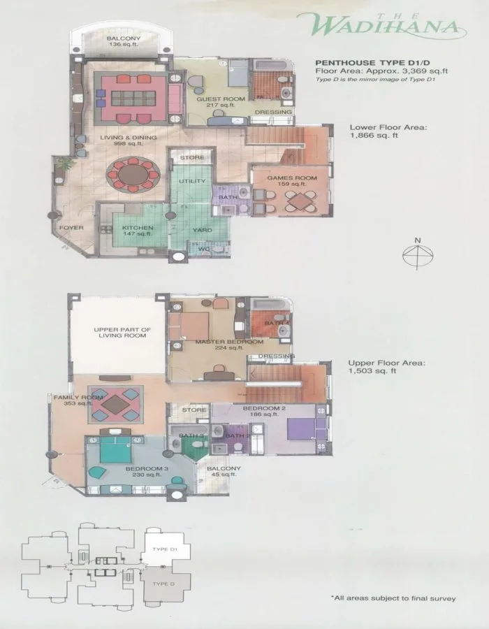 The Wadihana Penthouse Type D1 / D official floor plan — 3,369 sq ft · 3+1 bed · duplex, lower and upper floor