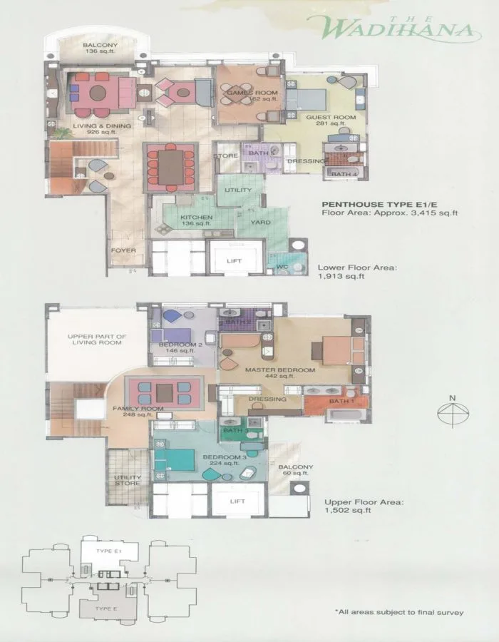The Wadihana Penthouse Type E1 / E official floor plan — 3,415 sq ft · 3+1 bed · duplex, lower and upper floor