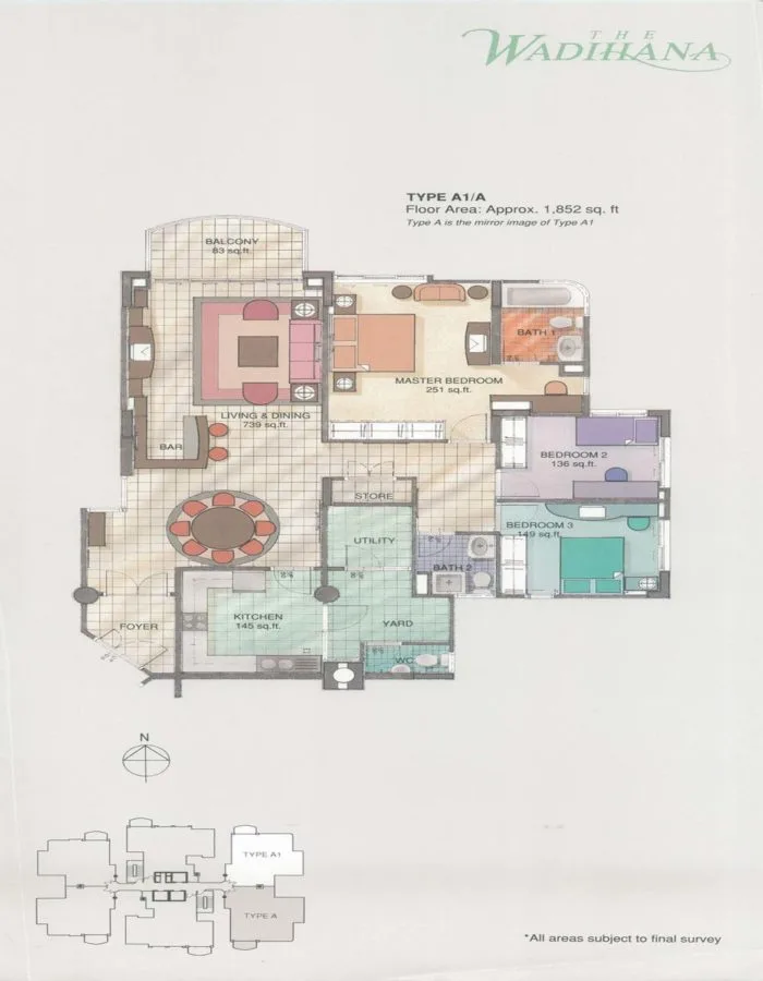 The Wadihana Type A1 / A official floor plan — 1,852 sq ft · 3 bed 2 bath