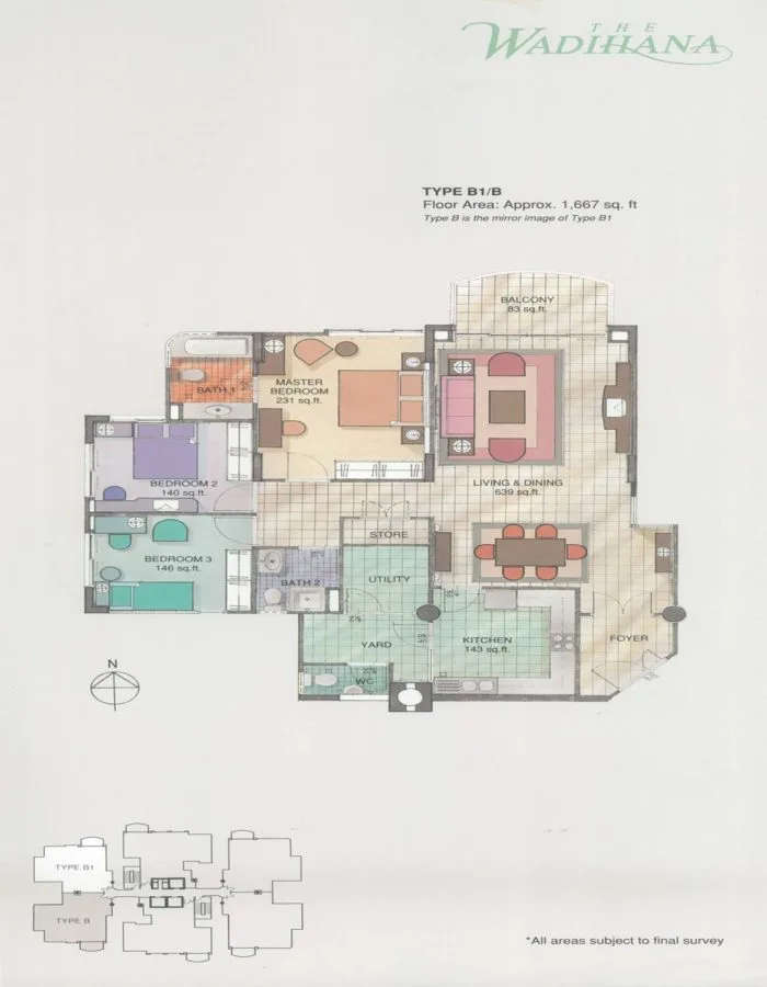 The Wadihana Type B1 / B official floor plan — 1,667 sq ft · 3 bed 2 bath