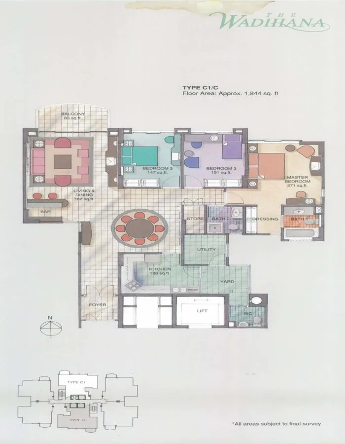 The Wadihana Type C1 / C official floor plan — 1,844 sq ft · 3 bed 2 bath + WC