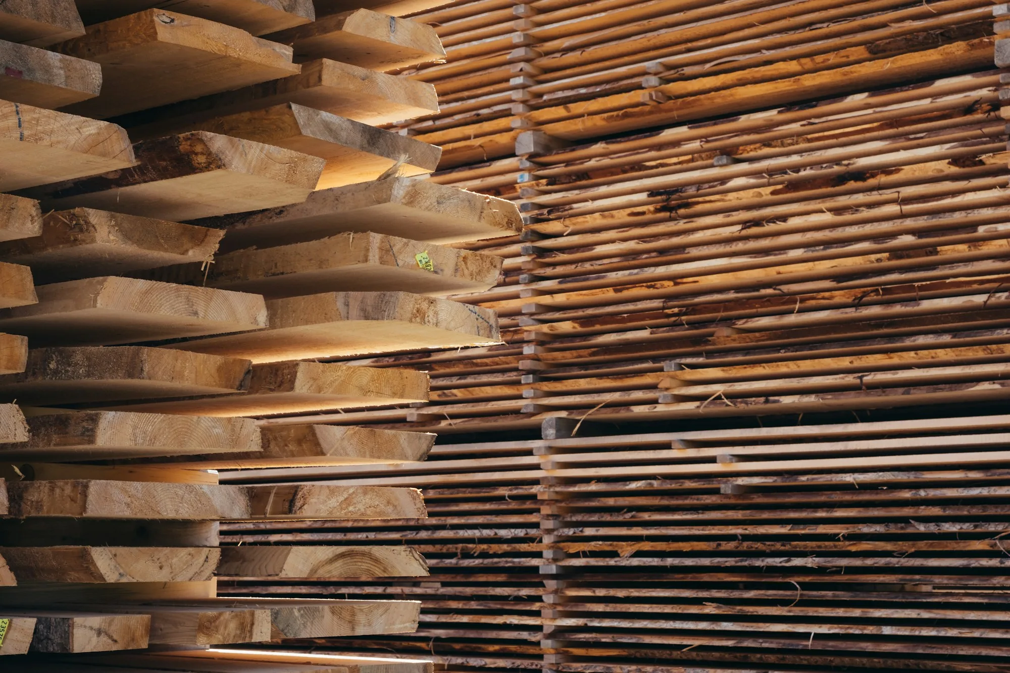 Stacked timber yard, representing the timber and furniture base around Ulu Tiram