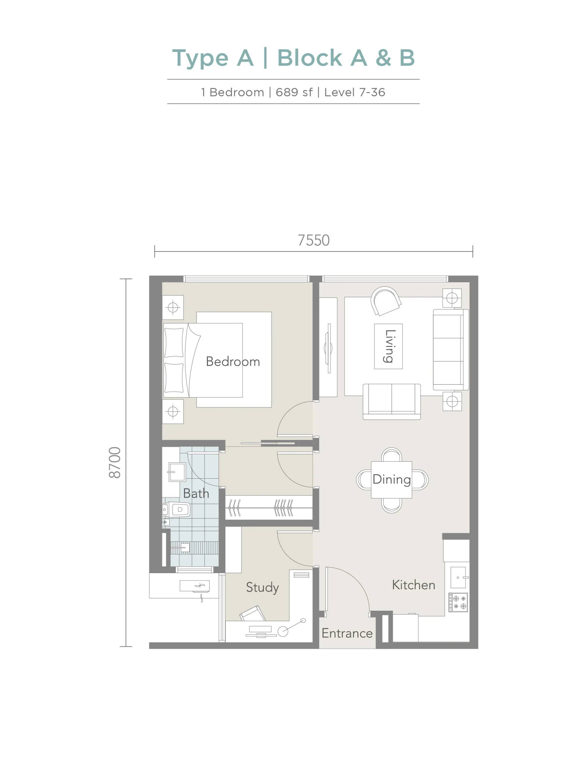 Tropez Residences @ Tropicana Danga Bay Type A 官方户型平面图 — 689 平方尺 · 1 房