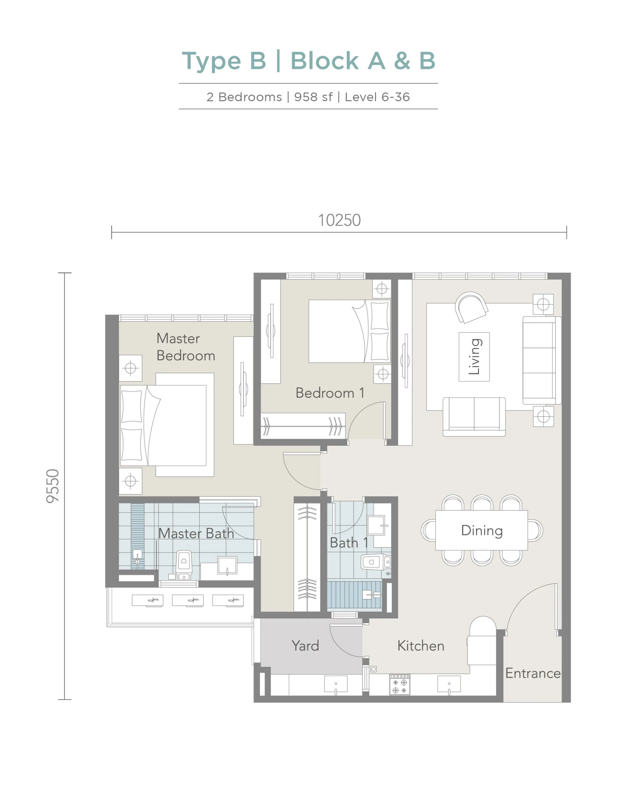 Tropez Residences @ Tropicana Danga Bay Type B 官方户型平面图 — 958 平方尺 · 2 房