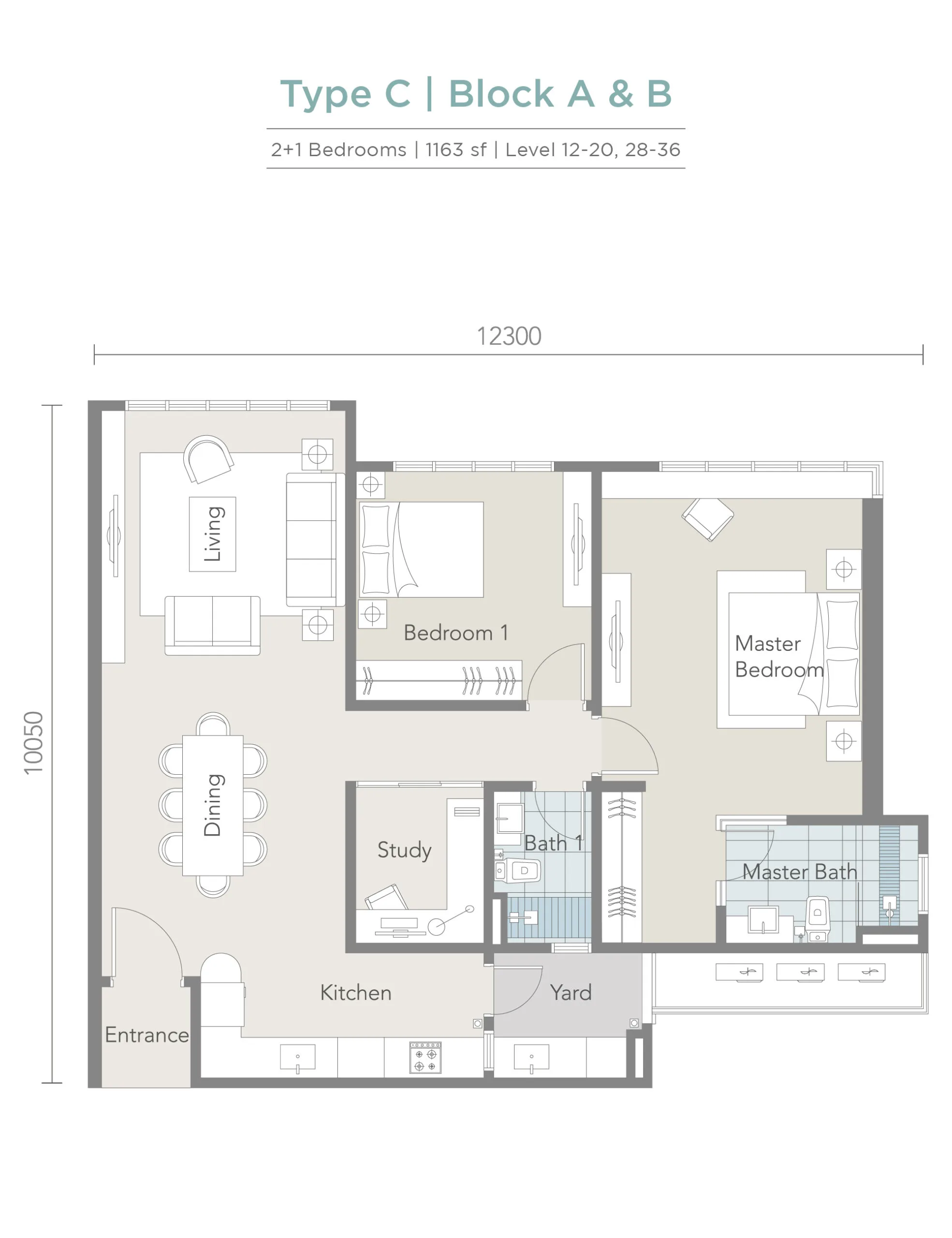 Tropez Residences @ Tropicana Danga Bay Type C 官方户型平面图 — 1,163 平方尺 · 2+1 房