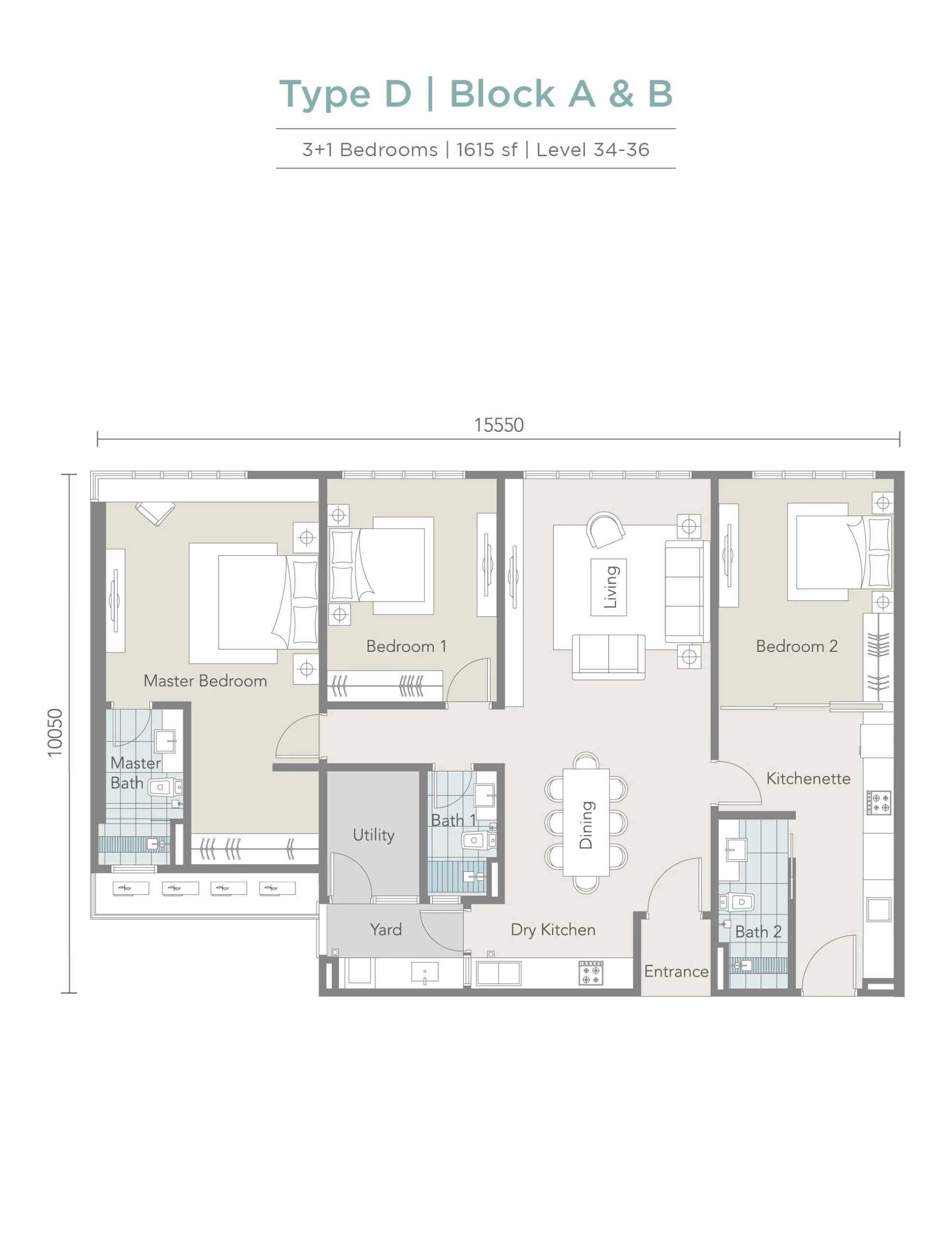 Tropez Residences @ Tropicana Danga Bay Type D 官方户型平面图 — 1,615 平方尺 · 3+1 房