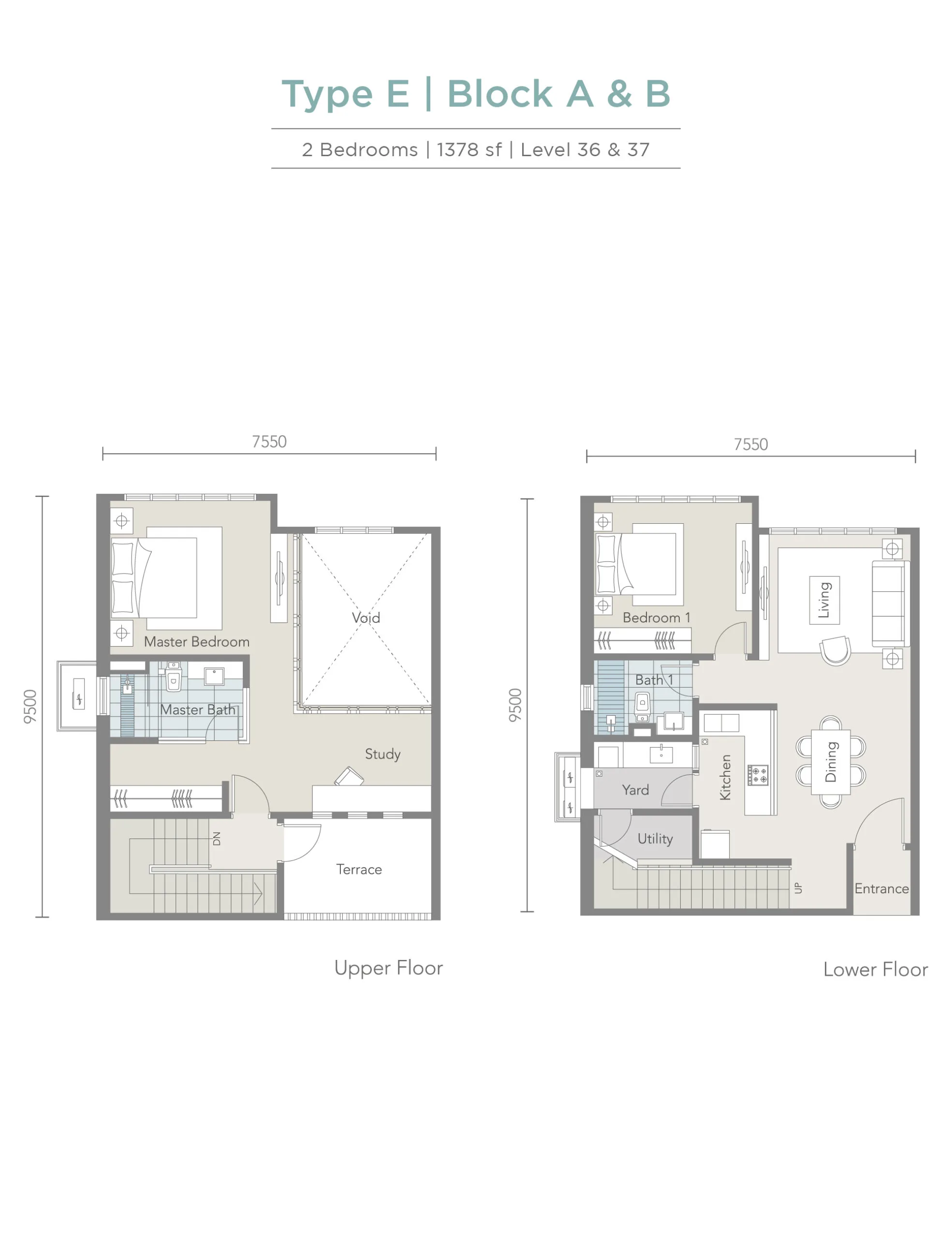 Tropez Residences @ Tropicana Danga Bay Type E 官方户型平面图 — 1,378 平方尺 · 2 房 · 楼中楼