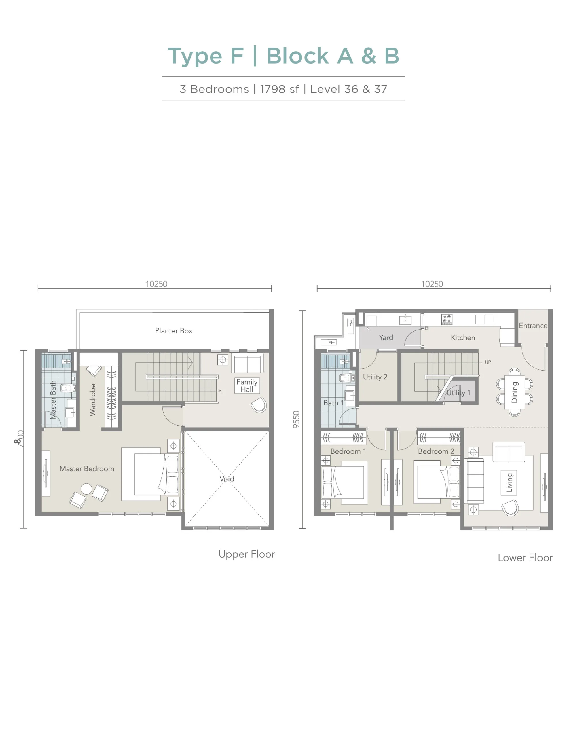 Tropez Residences @ Tropicana Danga Bay Type F 官方户型平面图 — 1,798 平方尺 · 3 房 · 楼中楼