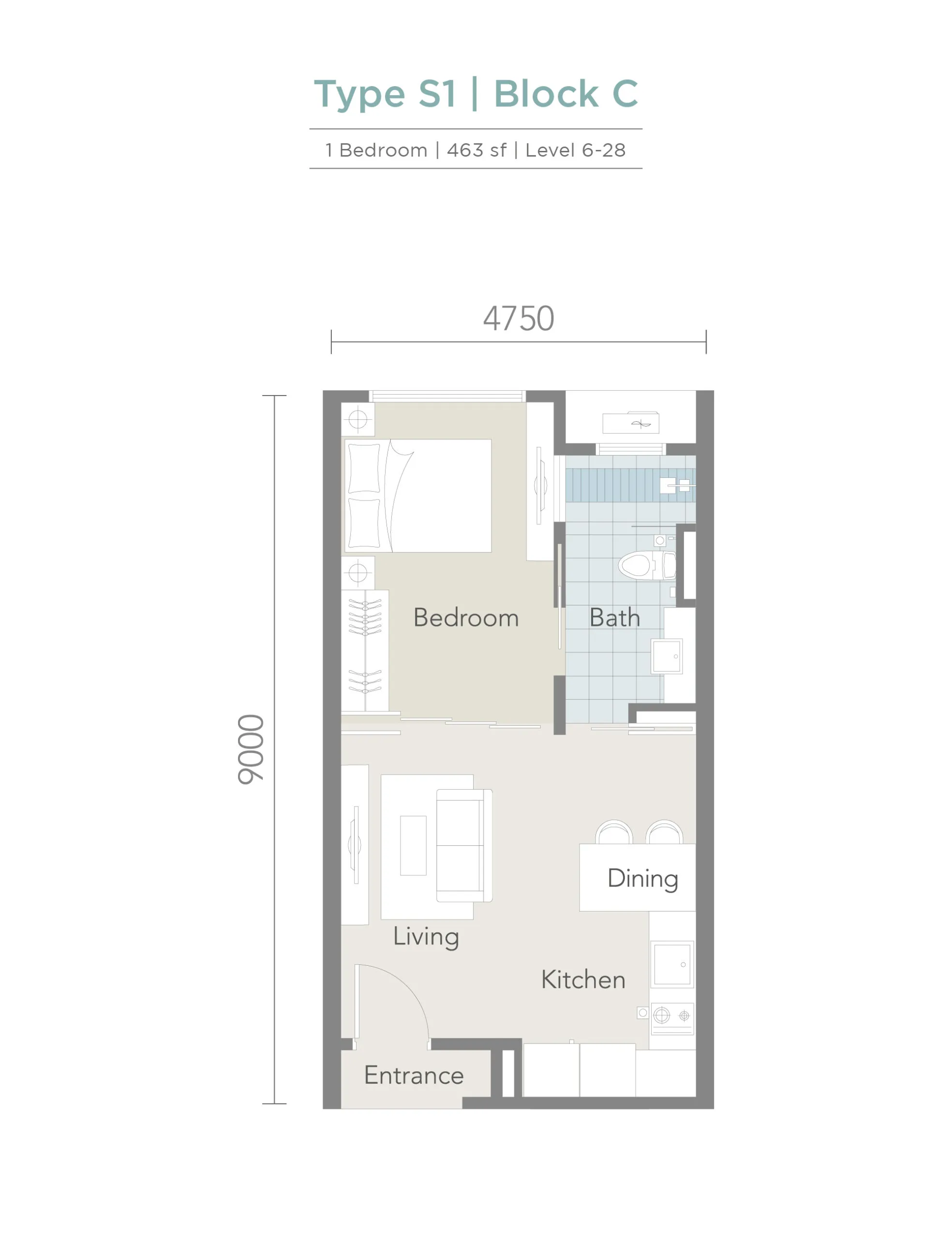 Tropez Residences @ Tropicana Danga Bay Type S1 官方户型平面图 — 463 平方尺 · 1 房