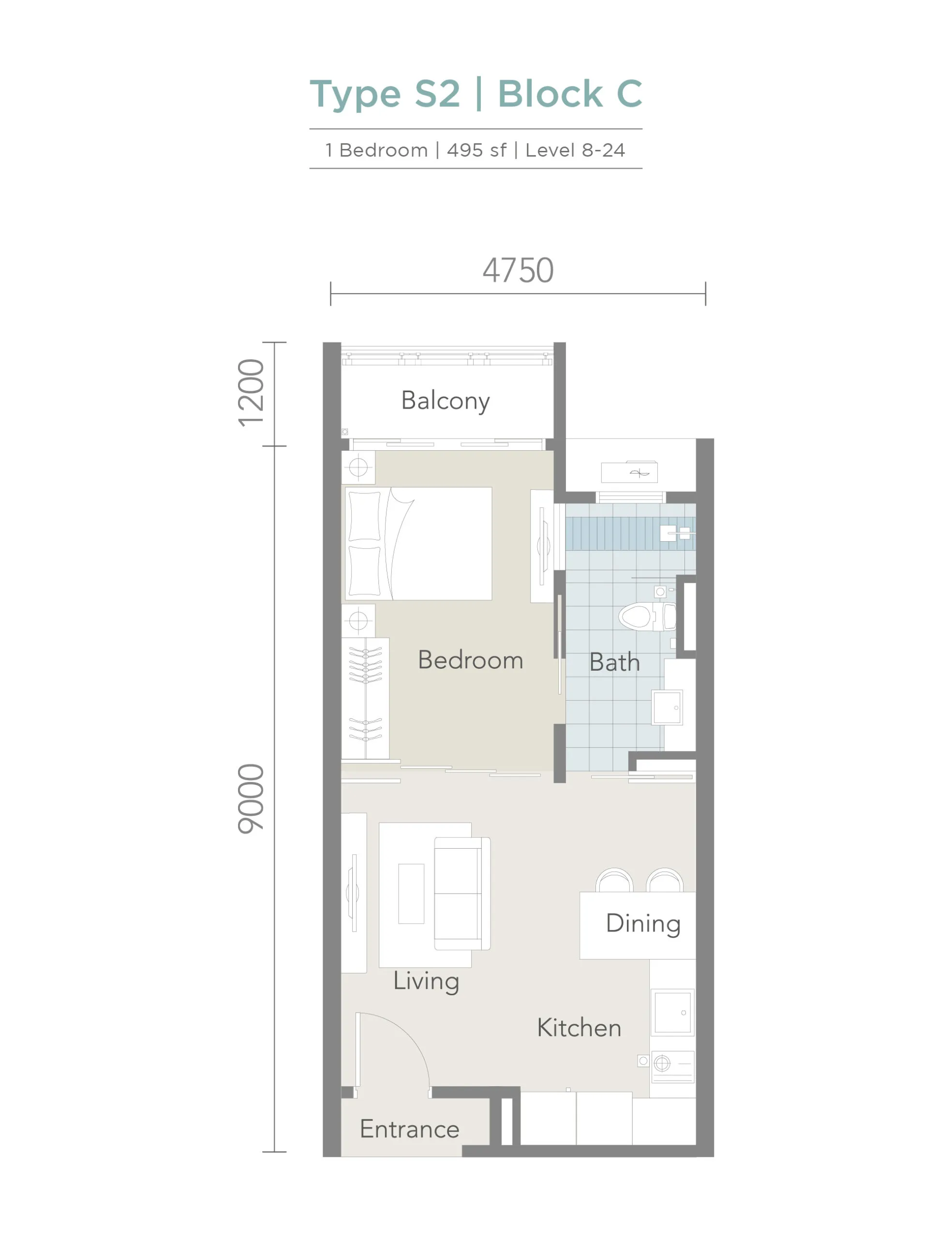 Tropez Residences @ Tropicana Danga Bay Type S2 官方户型平面图 — 495 平方尺 · 1 房