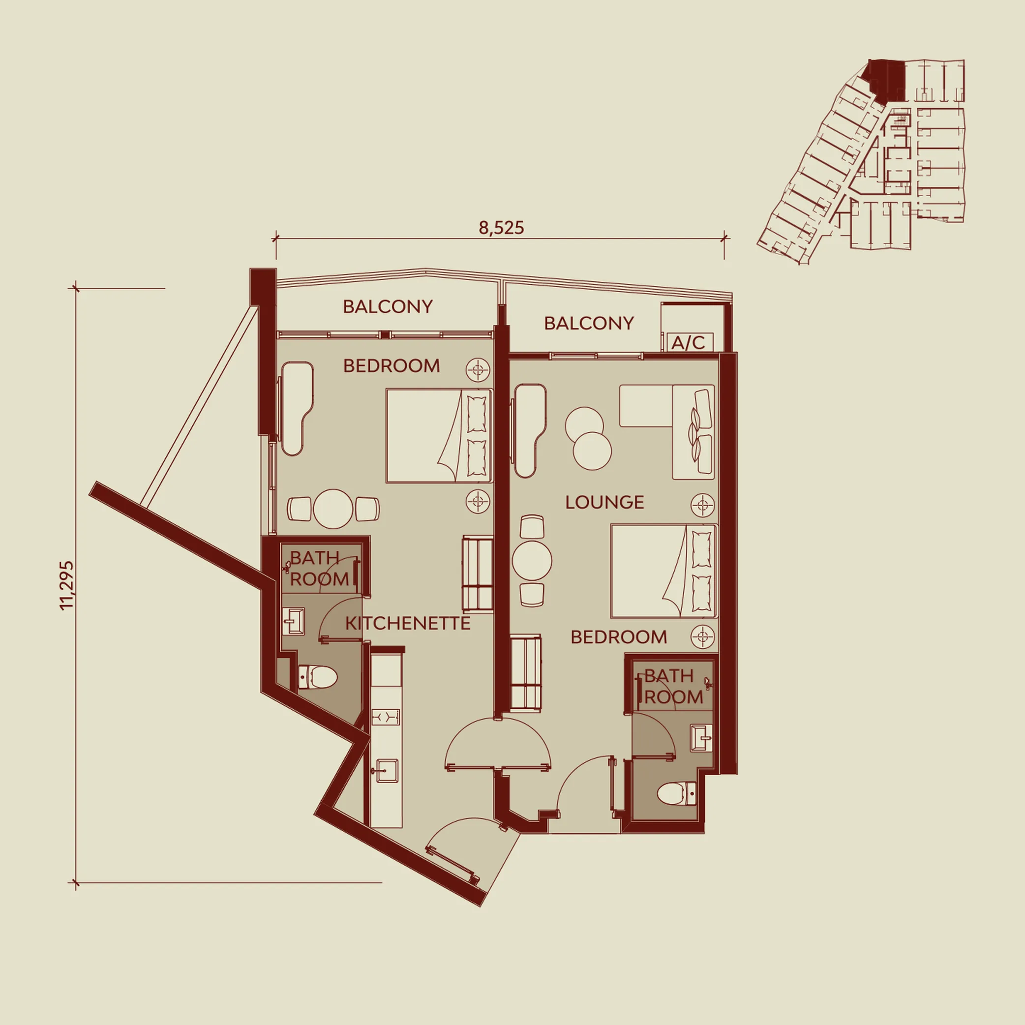 沙巴亚庇 The Peninsula Agate Tower 与 Aris Tower Agate Tower B3 型双钥匙平面图 1,032 平方尺