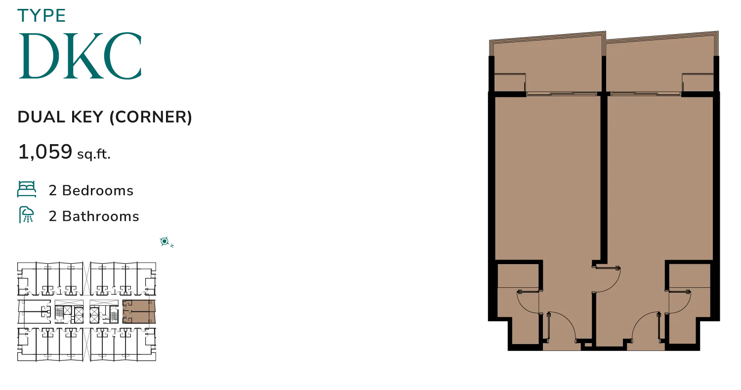 沙巴亚庇 The Peninsula Agate Tower 与 Aris Tower Aris Tower DKC 型边角双钥匙平面图 1,059 平方尺