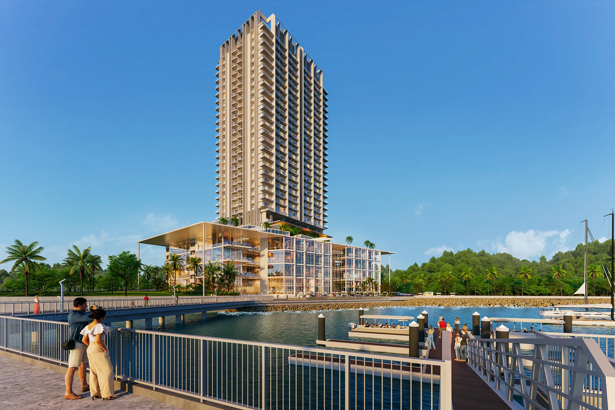 沙巴亚庇 The Peninsula Agate Tower 与 Aris Tower 从码头一侧望向塔楼