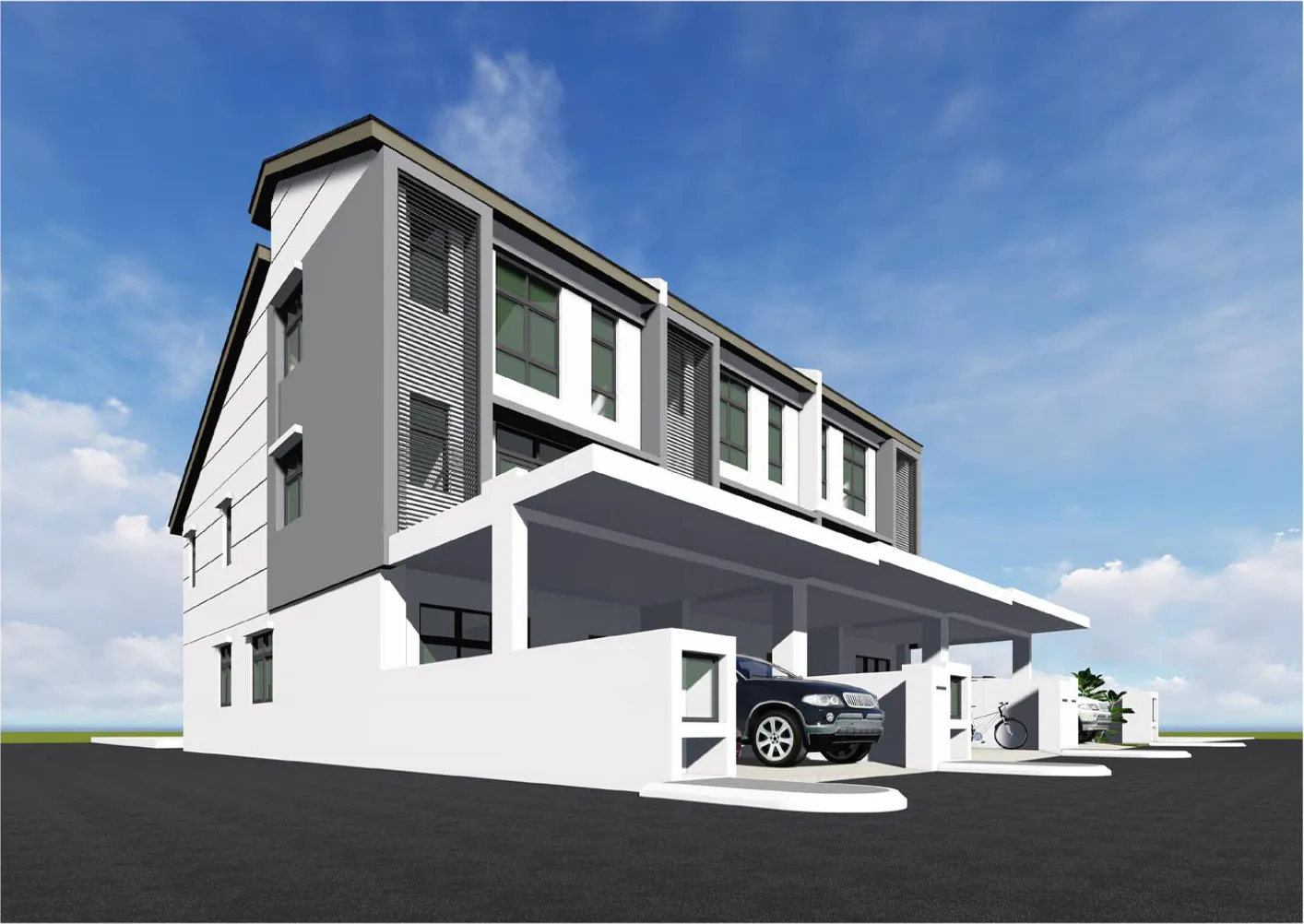 Air Itam 3-Storey Terrace 边间外观效果图,含车廊与百叶侧墙,槟城亚依淡 Lorong Sempadan 3