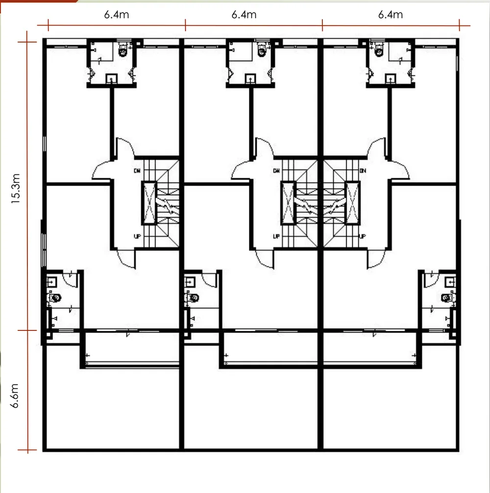 Air Itam 3-Storey Terrace 三间一排一楼平面图,前后卧室,车廊上方为阳台,槟城亚依淡