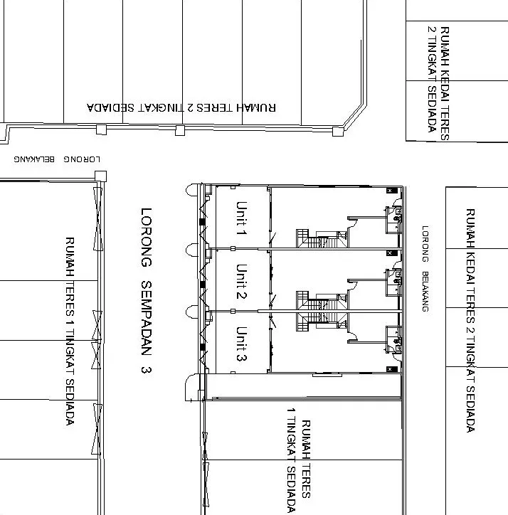 Air Itam 3-Storey Terrace 总体布局图:1、2、3 号单位位于 Lorong Sempadan 3 与后巷之间