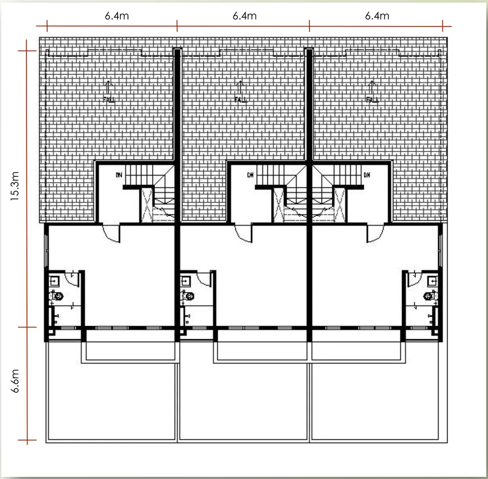 Air Itam 3-Storey Terrace 三间一排二楼平面图,前方房间与阳台,后半段为屋顶,槟城亚依淡