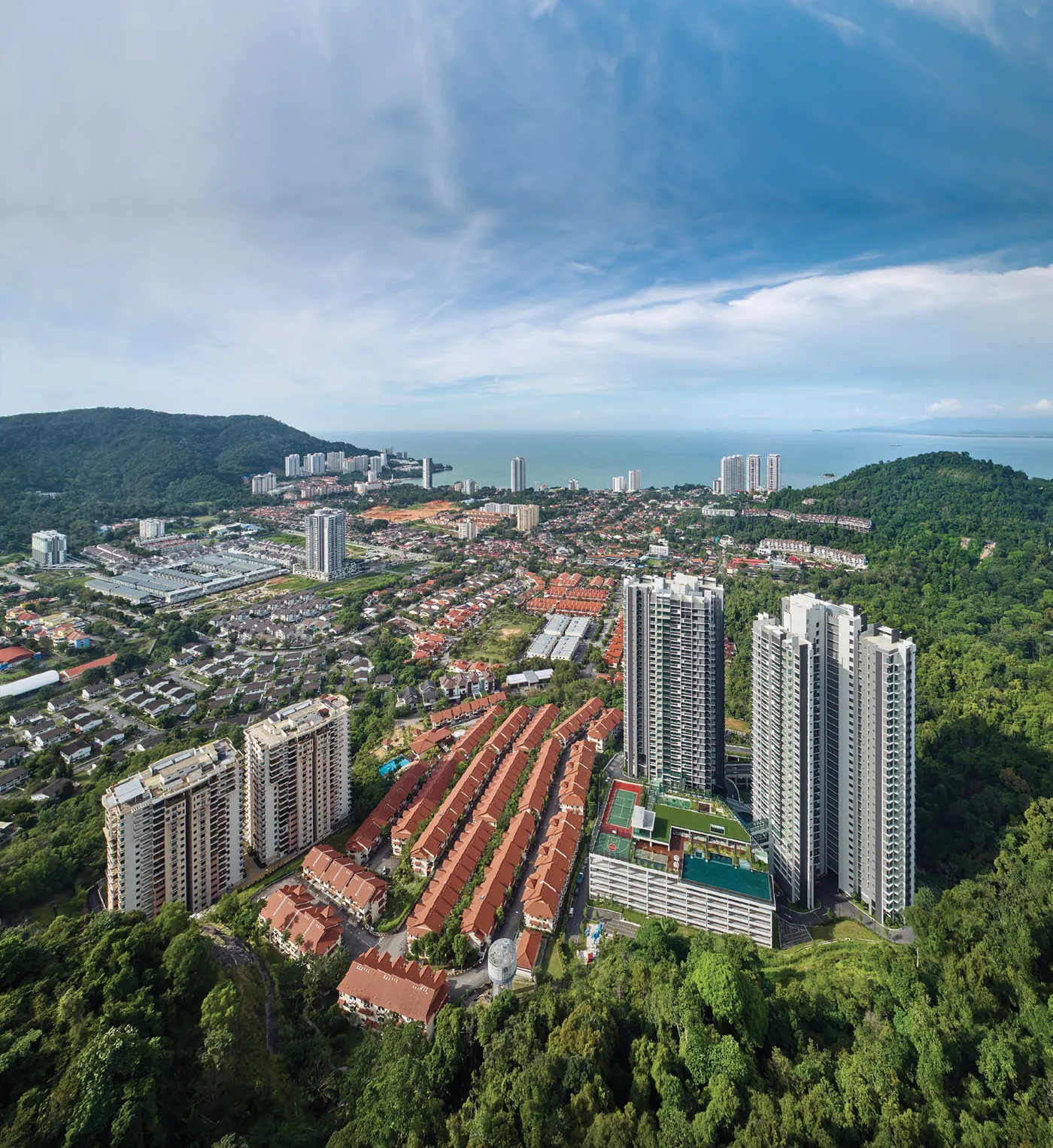 Alila 2 aerial view over Tanjung Bungah toward the sea and Batu Ferringhi coast, Penang Island — actual photo