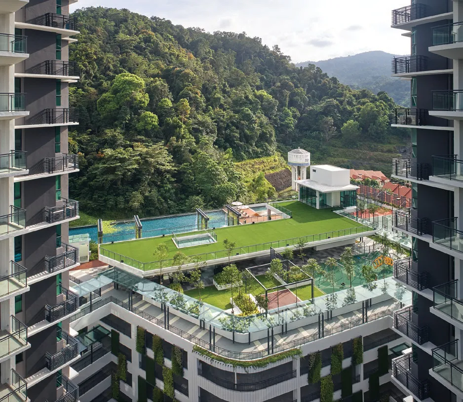 Alila 2 facilities floor with lawn, pools and glass pavilion seen from the tower, Tanjung Bungah — actual photo