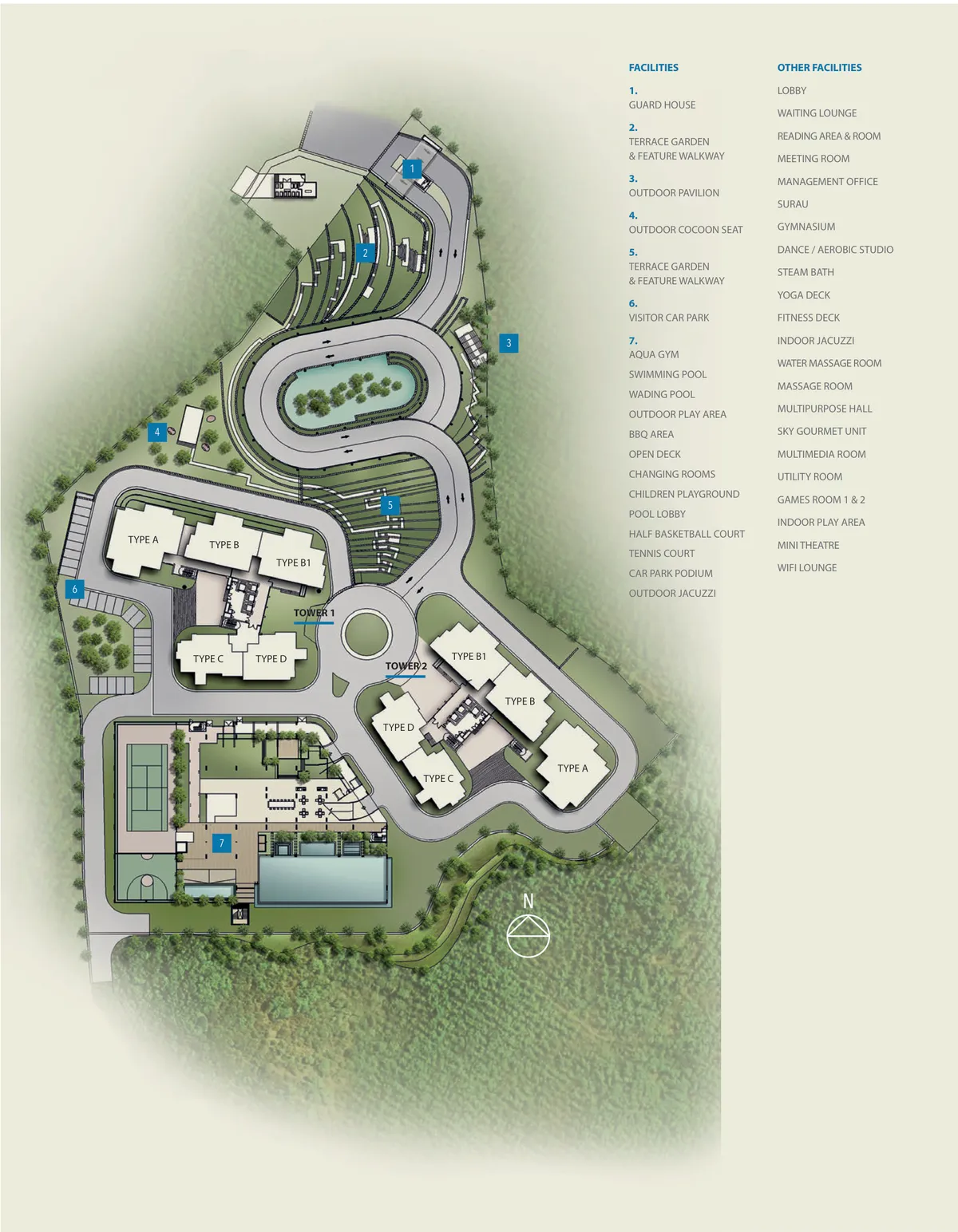 Alila 2 site plan and facilities list showing Tower 1, Tower 2, the guard house, terrace gardens and pool podium, Tanjung Bungah