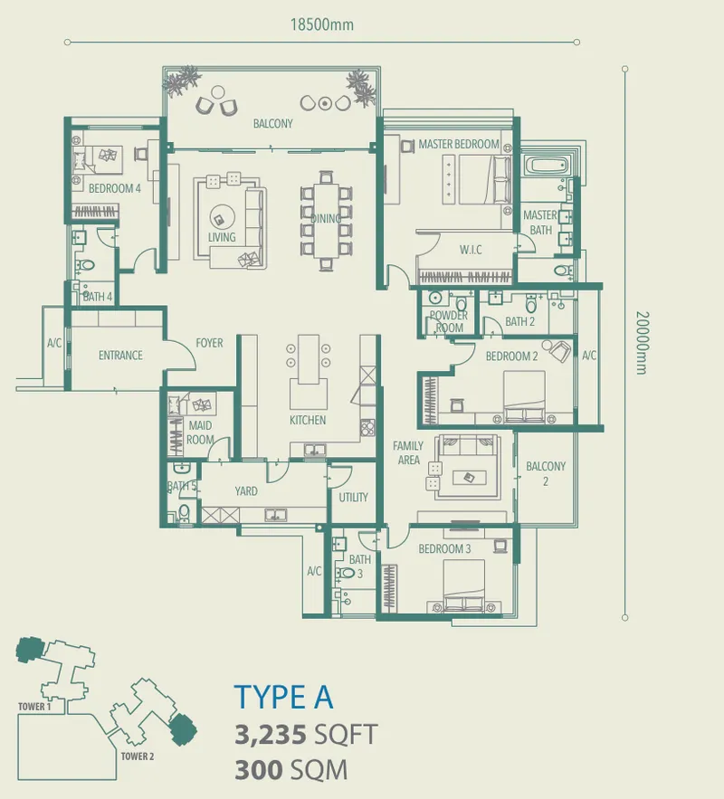 Alila 2 Type A floor plan — 3,235 sq ft, four bedrooms plus maid's room, family area and two balconies, Tanjung Bungah, Penang