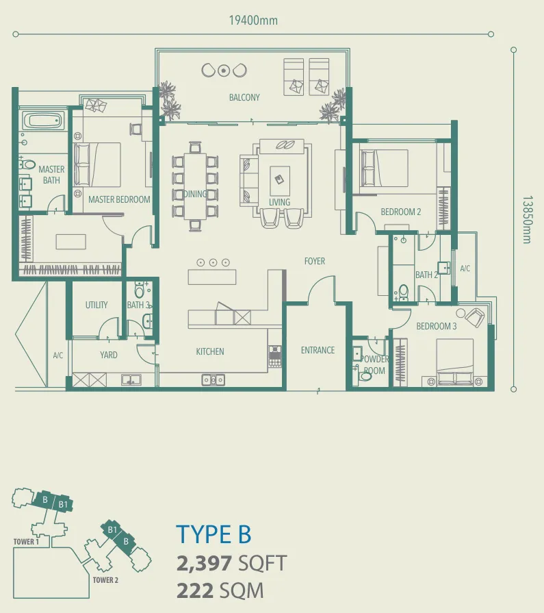 Alila 2 Type B and B1 floor plan — 2,397 sq ft, three bedrooms with a 19.4 m wide living frontage, Tanjung Bungah, Penang