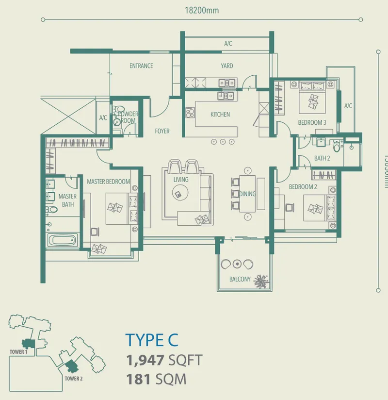 Alila 2 Type C floor plan — 1,947 sq ft, three bedrooms with the balcony off the dining room, Tanjung Bungah, Penang