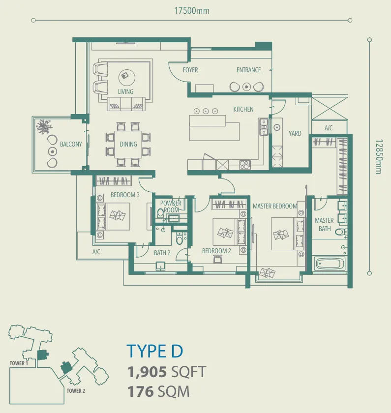 Alila 2 Type D floor plan — 1,905 sq ft, three bedrooms with a side balcony off the living room, Tanjung Bungah, Penang