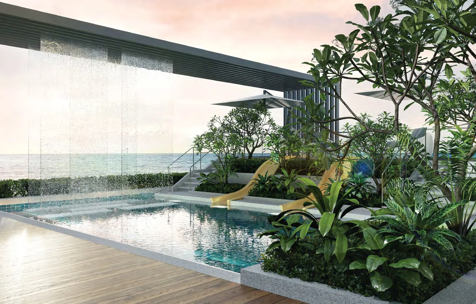 Alton Skyvillas Forest Lounge pool with water curtain and slides on the Level 8 deck, Jelutong — artist's impression