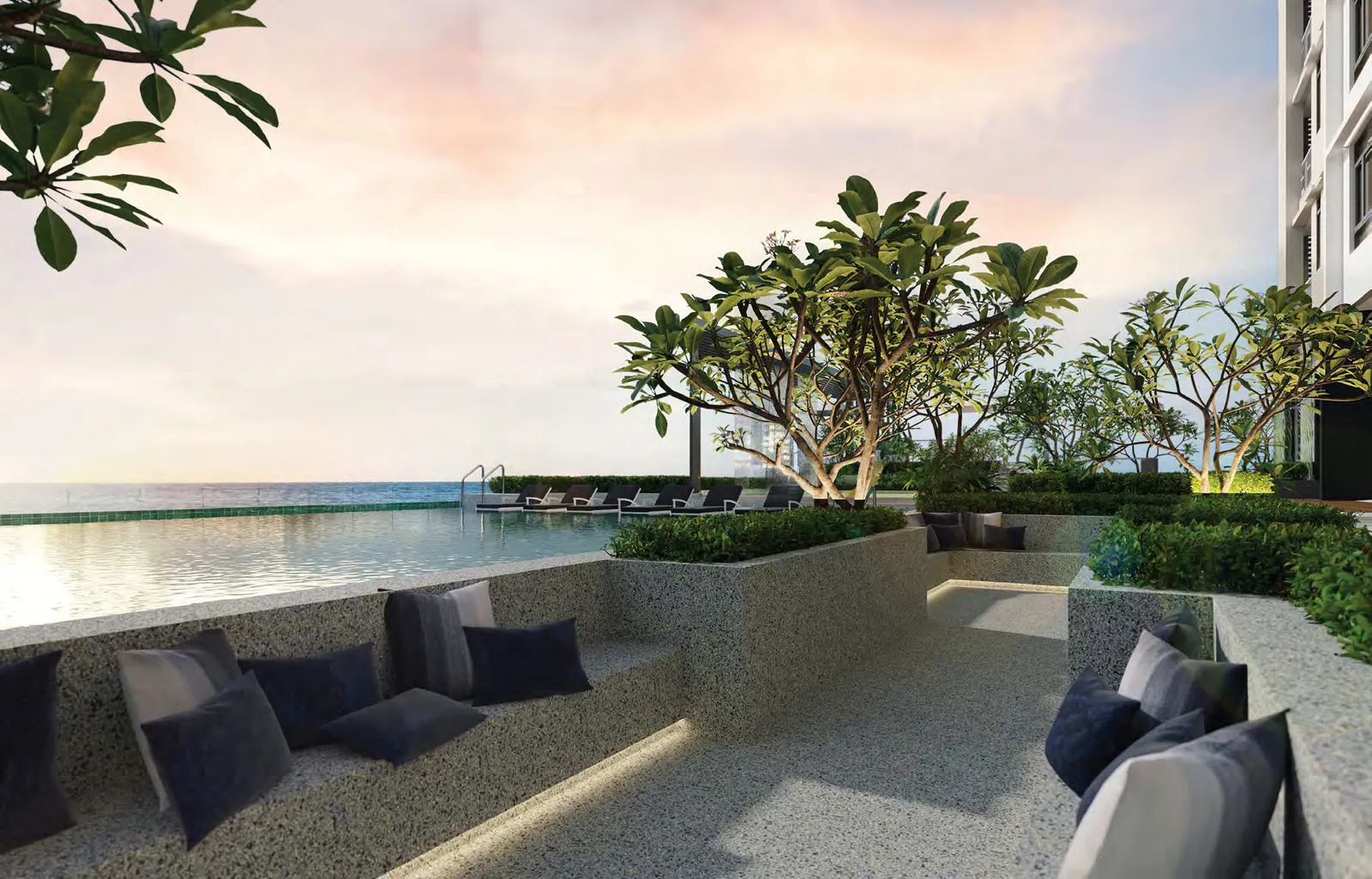 Alton Skyvillas Level 8 infinity pool and sunken seating lounge, Jelutong, Penang — artist's impression