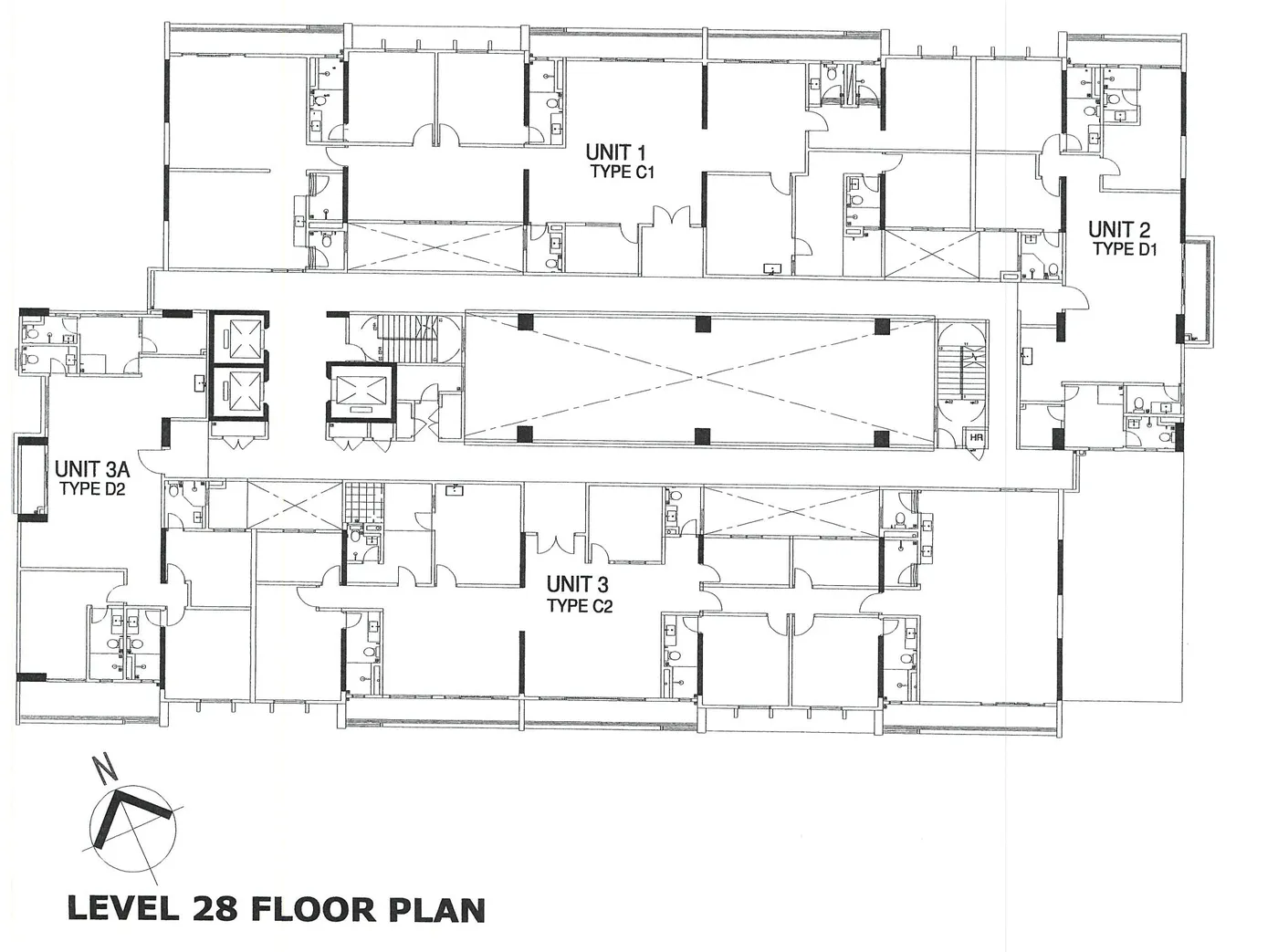Alton Skyvillas Level 28 floor plan with four large units, Types C1, C2, D1 and D2, Jelutong