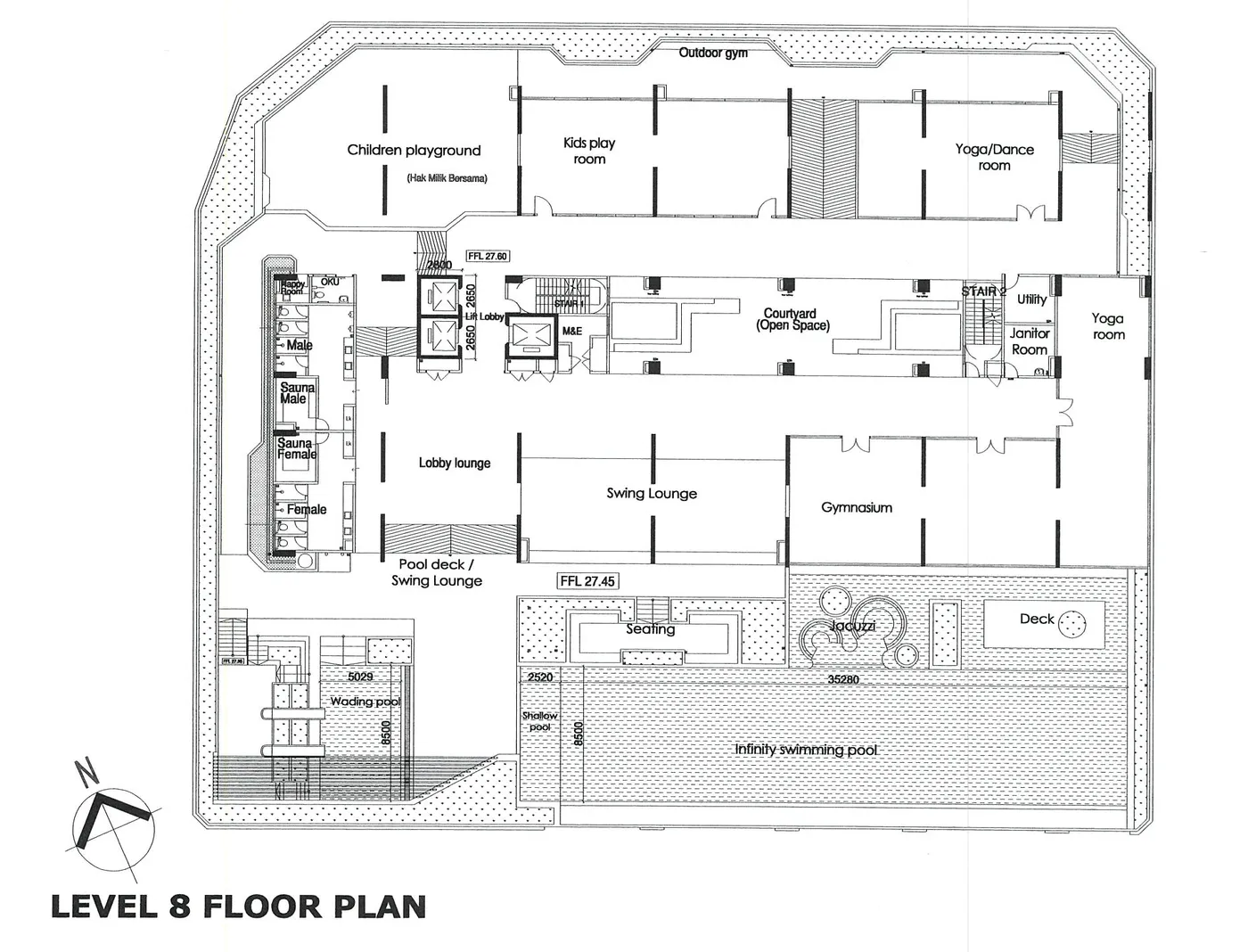 Alton Skyvillas Level 8 architectural floor plan showing the 35 m infinity pool, saunas and outdoor gym, Jelutong