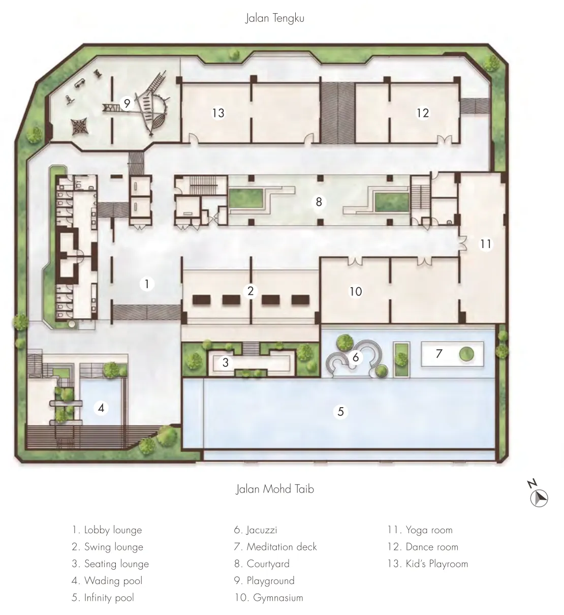 Alton Skyvillas Level 8 facilities plan with infinity pool, gymnasium, yoga and dance rooms, Jelutong