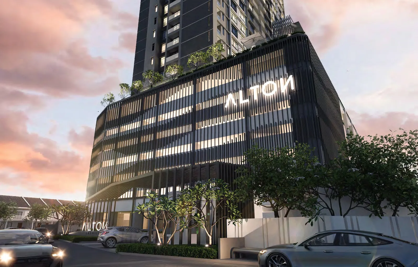 Alton Skyvillas podium entrance with the illuminated Alton signage, Jelutong, Penang — artist's impression