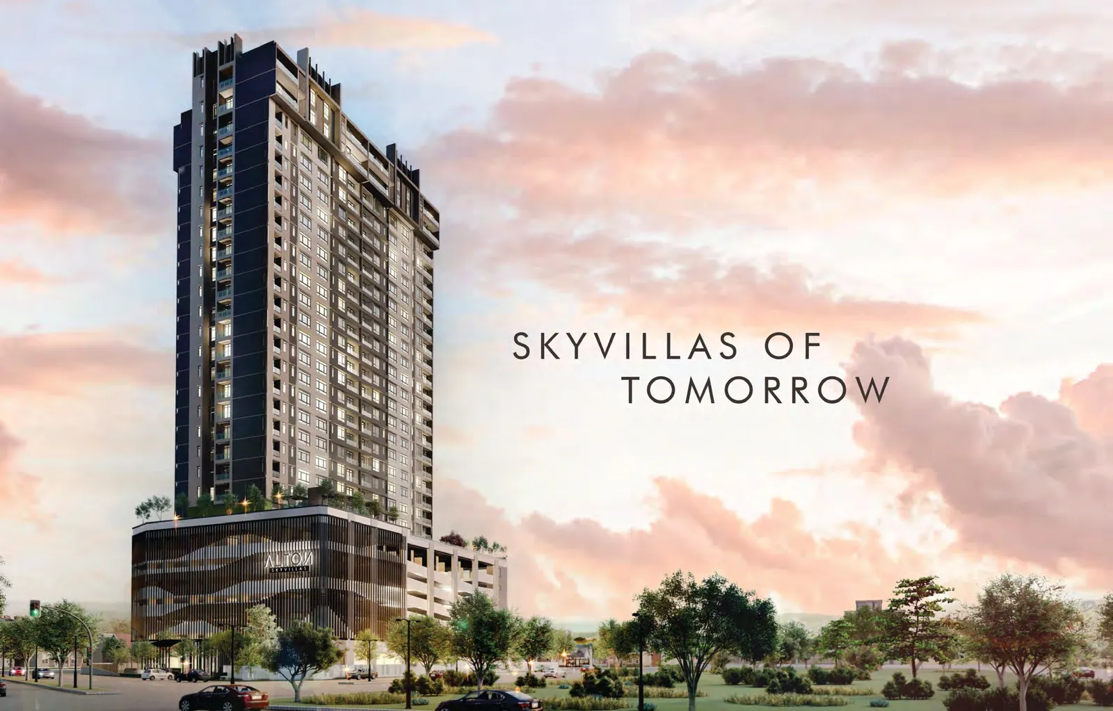 Alton Skyvillas 29-storey tower facade over its podium, Jelutong, Penang Island — artist's impression