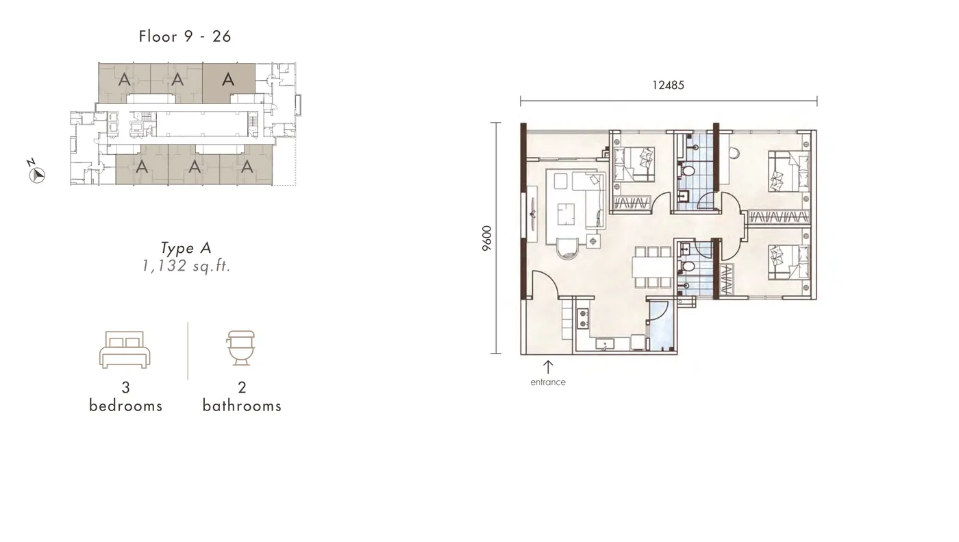 Alton Skyvillas Type A floor plan — 1,132 sq ft, 3 bedrooms, 2 bathrooms, Jelutong, Penang