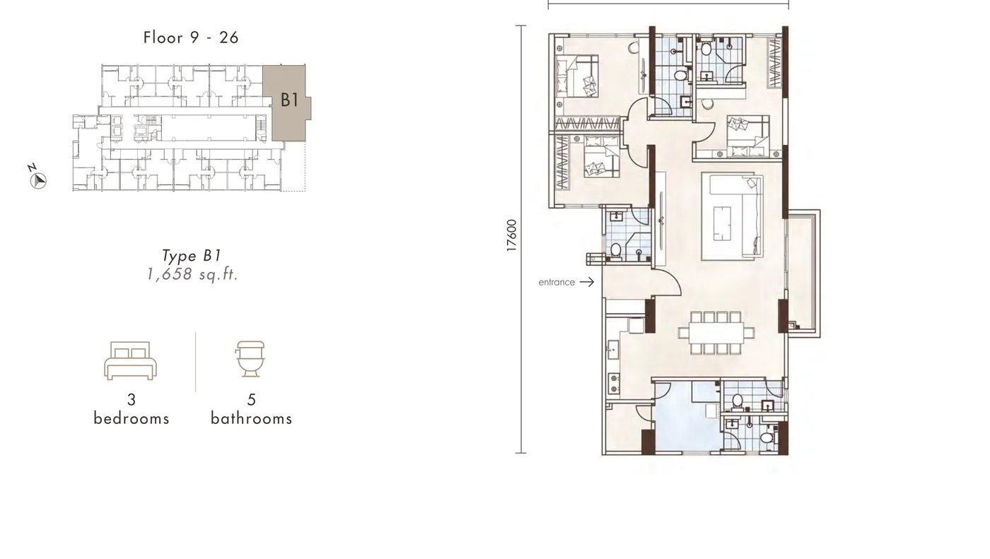 Alton Skyvillas Type B1 floor plan — 1,658 sq ft, 3 bedrooms, 5 bathrooms, Jelutong, Penang
