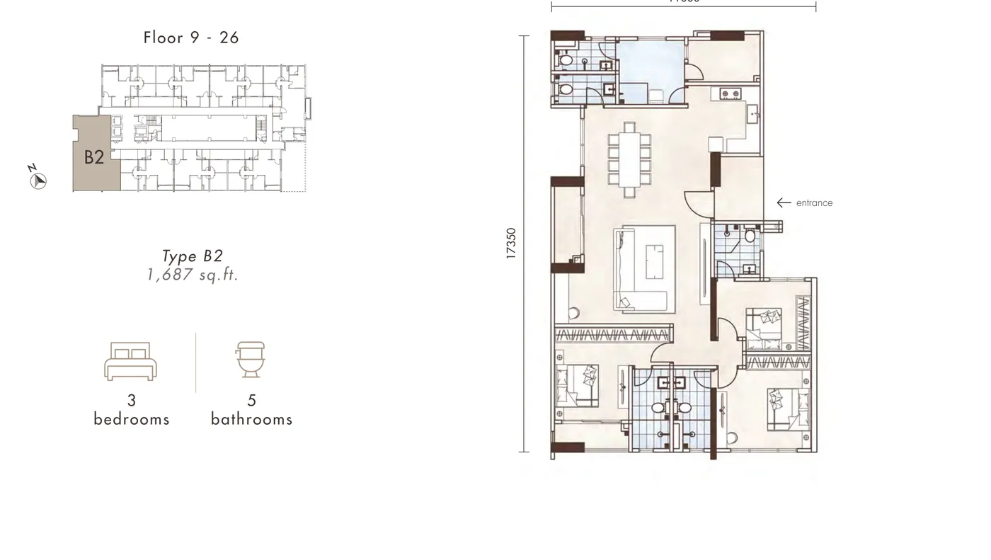 Alton Skyvillas Type B2 floor plan — 1,687 sq ft, 3 bedrooms, 5 bathrooms, Jelutong, Penang