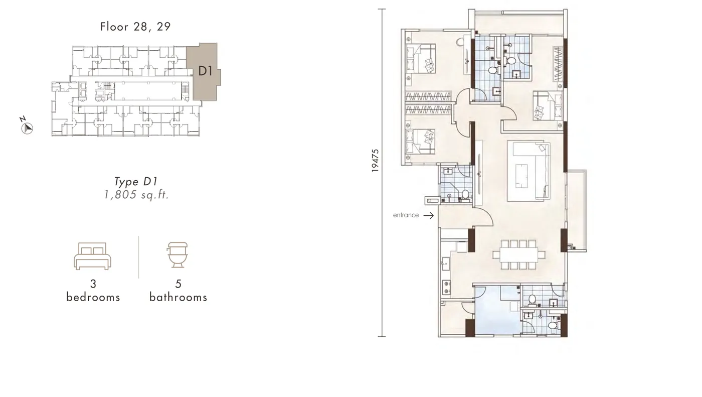 Alton Skyvillas Type D1 floor plan — 1,805 sq ft, 3 bedrooms, 5 bathrooms, Jelutong, Penang