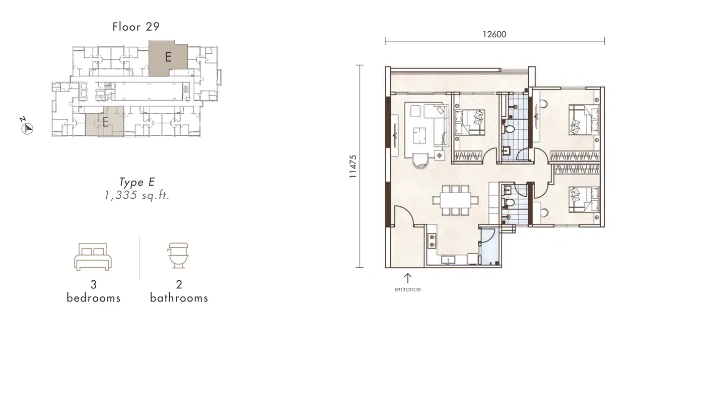 Alton Skyvillas Type E floor plan — 1,335 sq ft, 3 bedrooms, 2 bathrooms, Jelutong, Penang