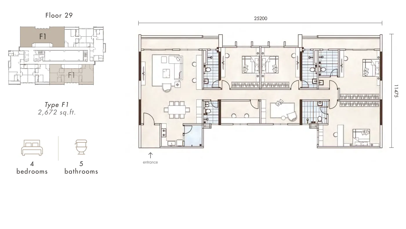 Alton Skyvillas Type F1 floor plan — 2,672 sq ft, 4 bedrooms, 5 bathrooms, Jelutong, Penang