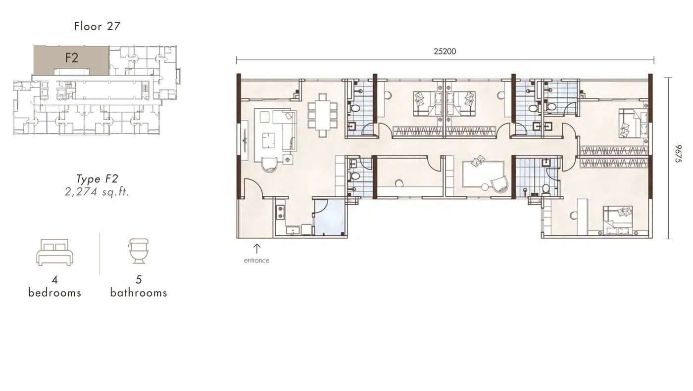 Alton Skyvillas Type F2 floor plan — 2,274 sq ft, 4 bedrooms, 5 bathrooms, Jelutong, Penang