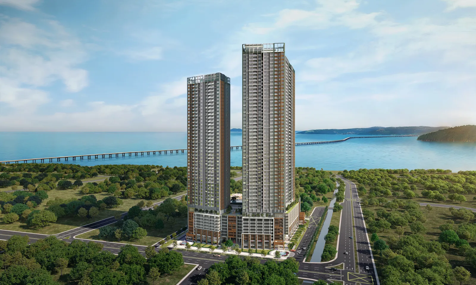 AndaBreeze Residences aerial view of the 53-storey and 46-storey towers with the Second Penang Bridge behind, Batu Kawan — artist's impression