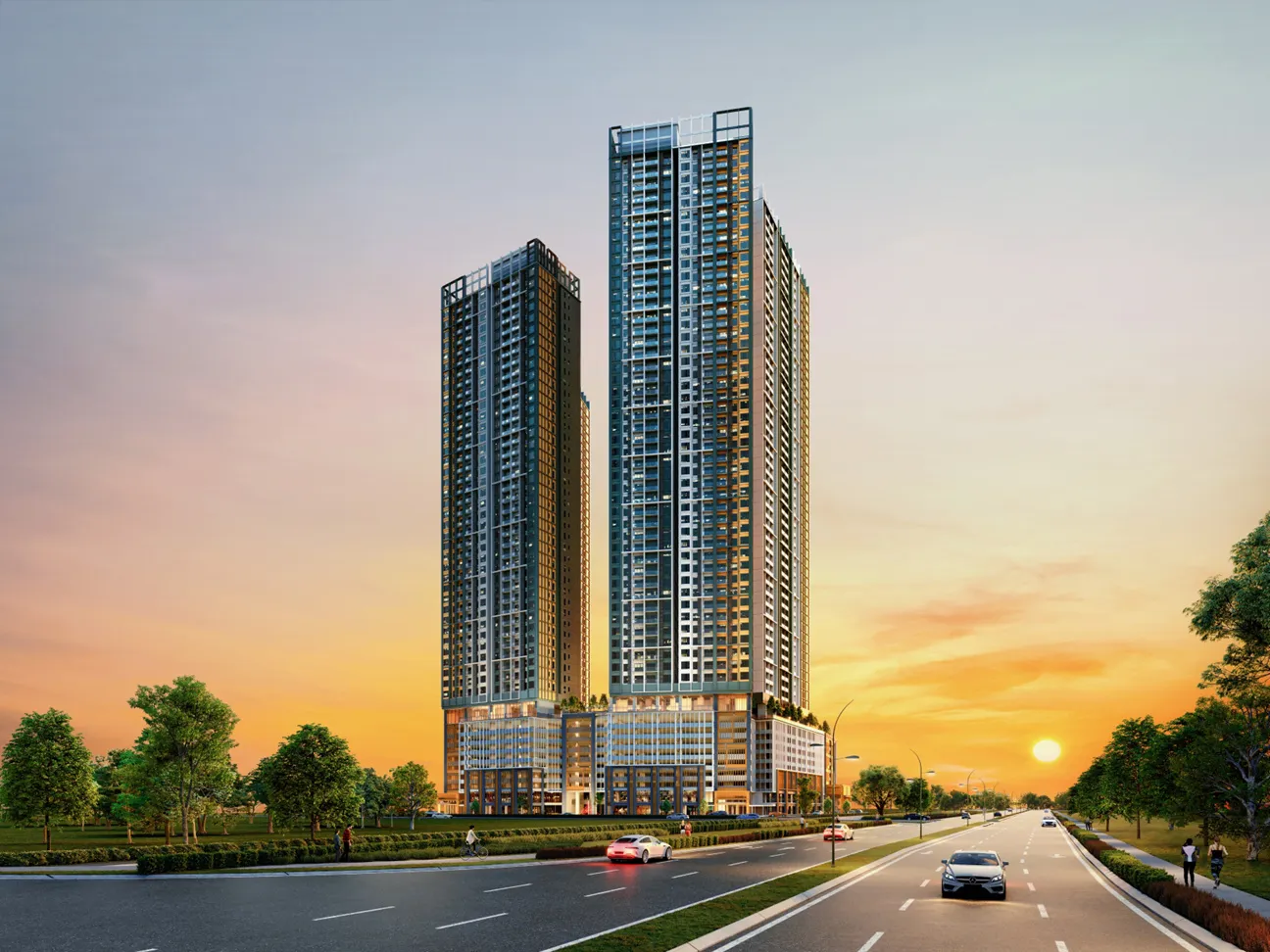 AndaBreeze Residences facade at dusk from Persiaran Cassia Barat, Bandar Cassia, Penang — artist's impression