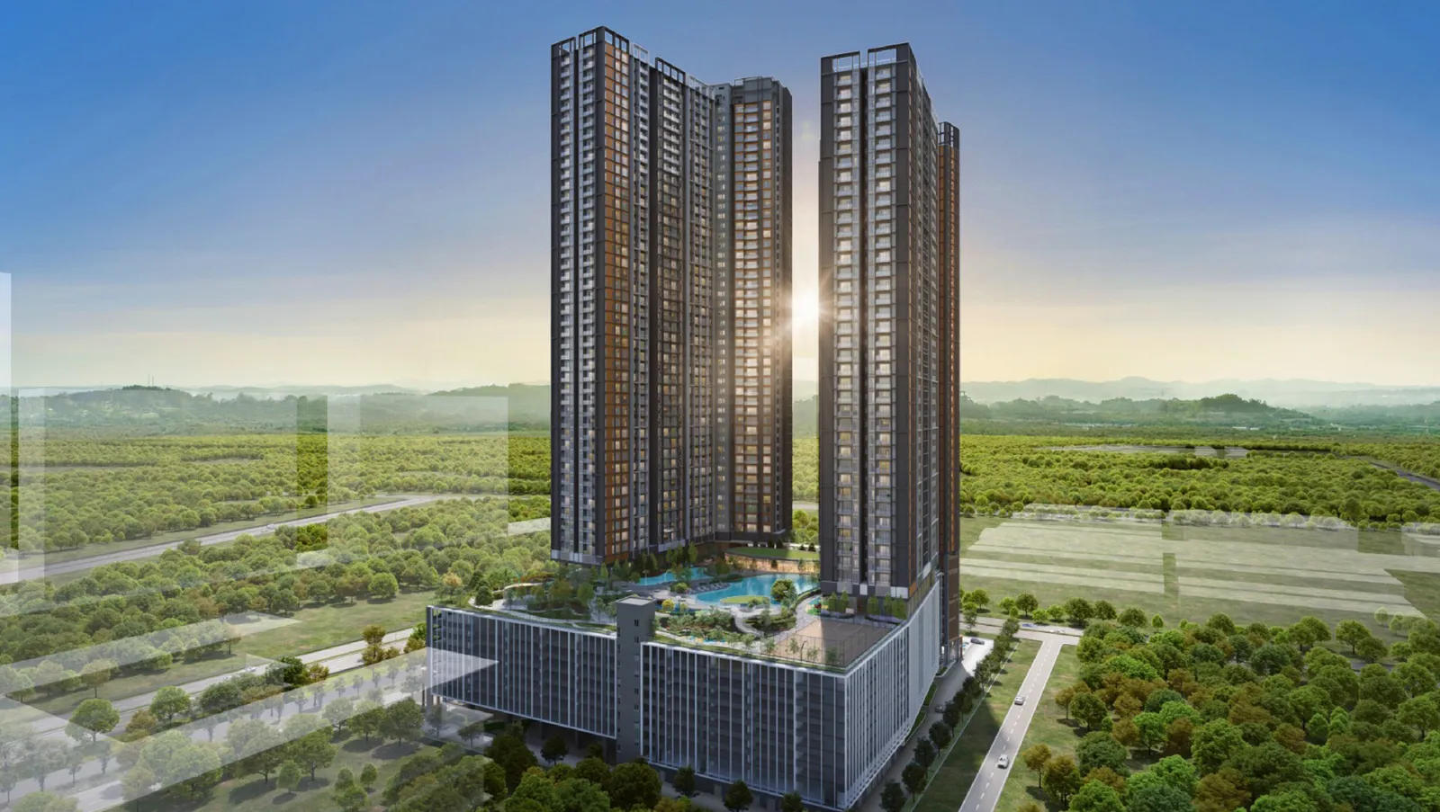 AndaBreeze Residences facility zones marked on the building: ground floor, Level 9 podium and rooftop, Batu Kawan