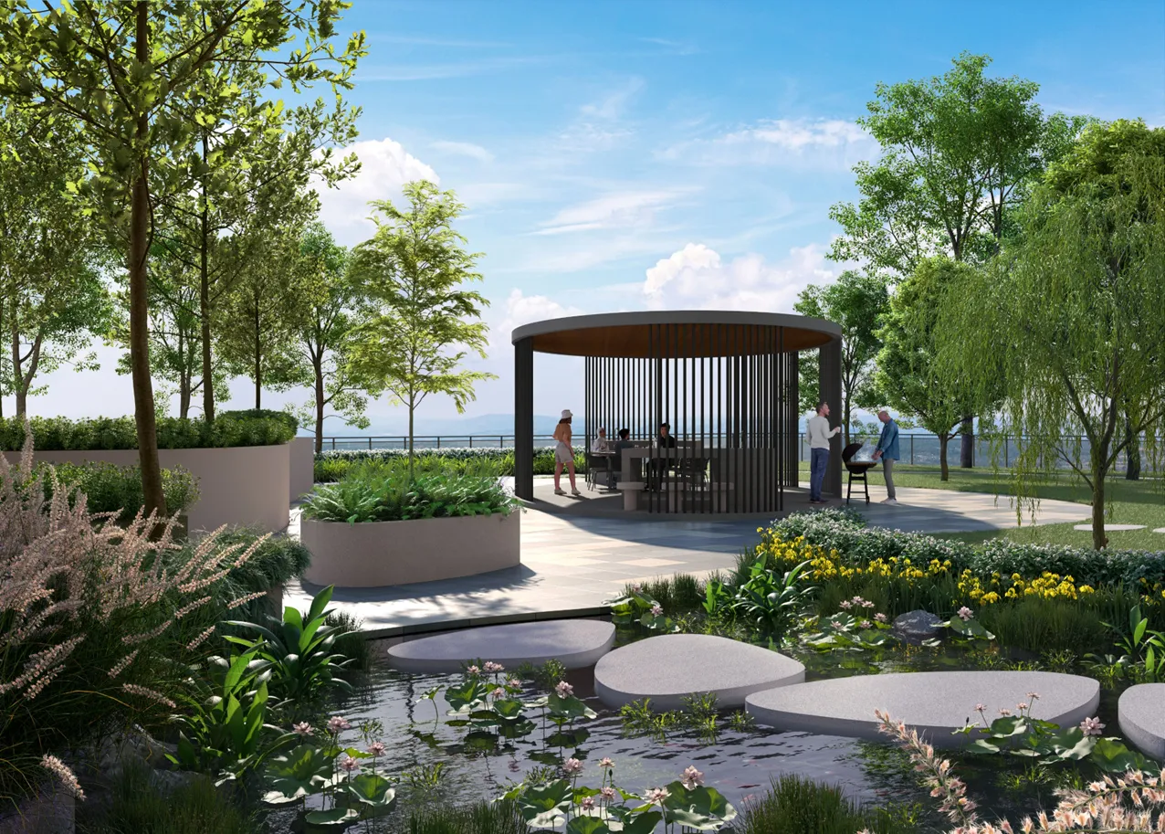 AndaBreeze Residences garden pavilion and stepping-stone pond with sea view, Batu Kawan — artist's impression